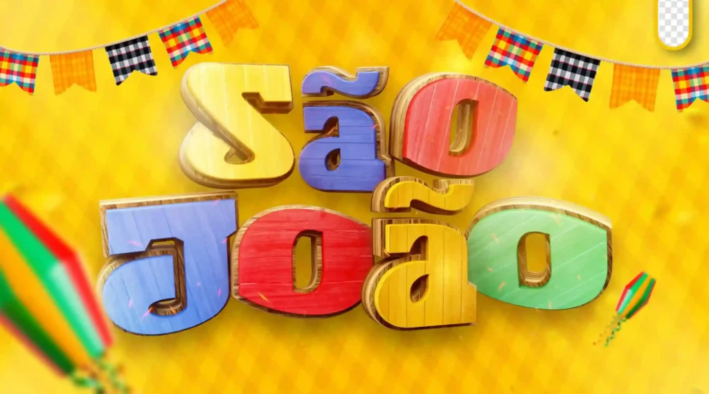 Tipografia tridimensional colorida com texto "São João" em letras de madeira, bandeirinhas xadrez e balões ao fundo amarelo