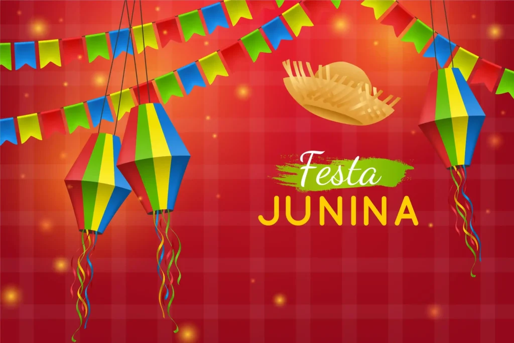 Ilustração de balões coloridos pendurados, bandeirinhas e chapéu de palha sobre fundo xadrez vermelho com texto "Festa Junina"
