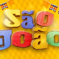 Tipografia tridimensional colorida com texto "São João" em letras de madeira, bandeirinhas xadrez e balões ao fundo amarelo