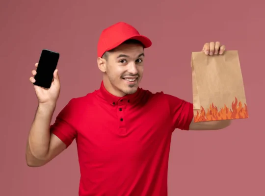 Entregador de uniforme vermelho sorrindo enquanto segura celular e sacola de papel com estampa de chamas, fundo rosa