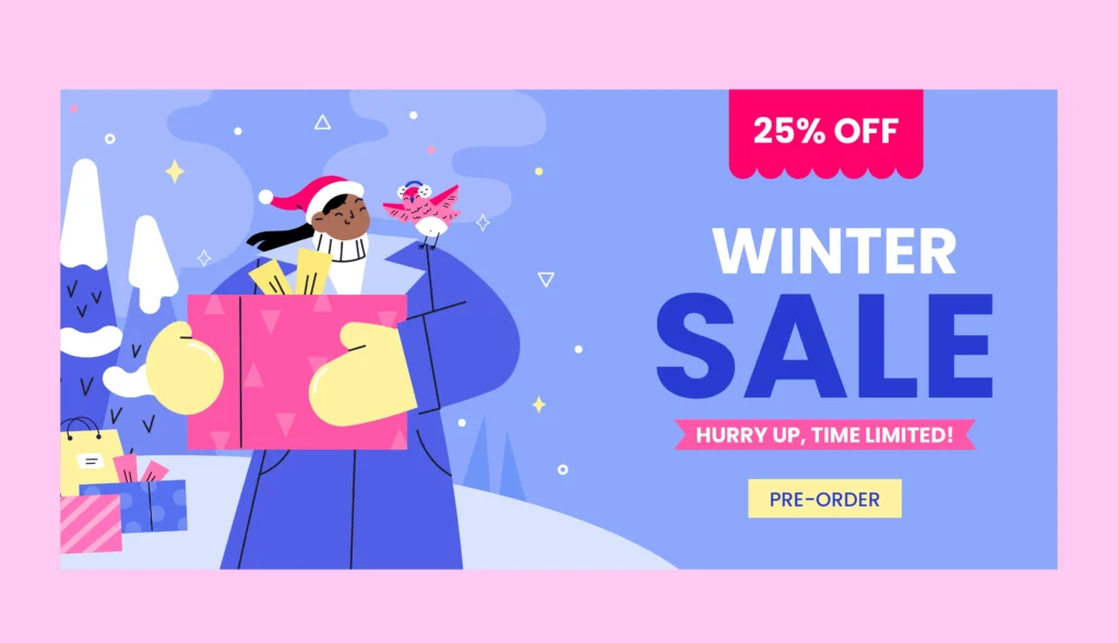Ilustração de banner de liquidação de inverno com personagem segurando caixas de presentes e sacolas coloridas