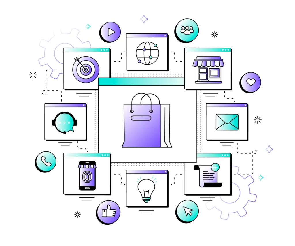 Ilustração de ecossistema de e-commerce com ícones de loja, suporte, celular, lâmpada e sacola de compras interligados por linhas tracejadas, fundo branco