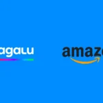 Logos de Magalu e Amazon lado a lado sobre fundo azul