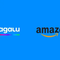 Logos de Magalu e Amazon lado a lado sobre fundo azul