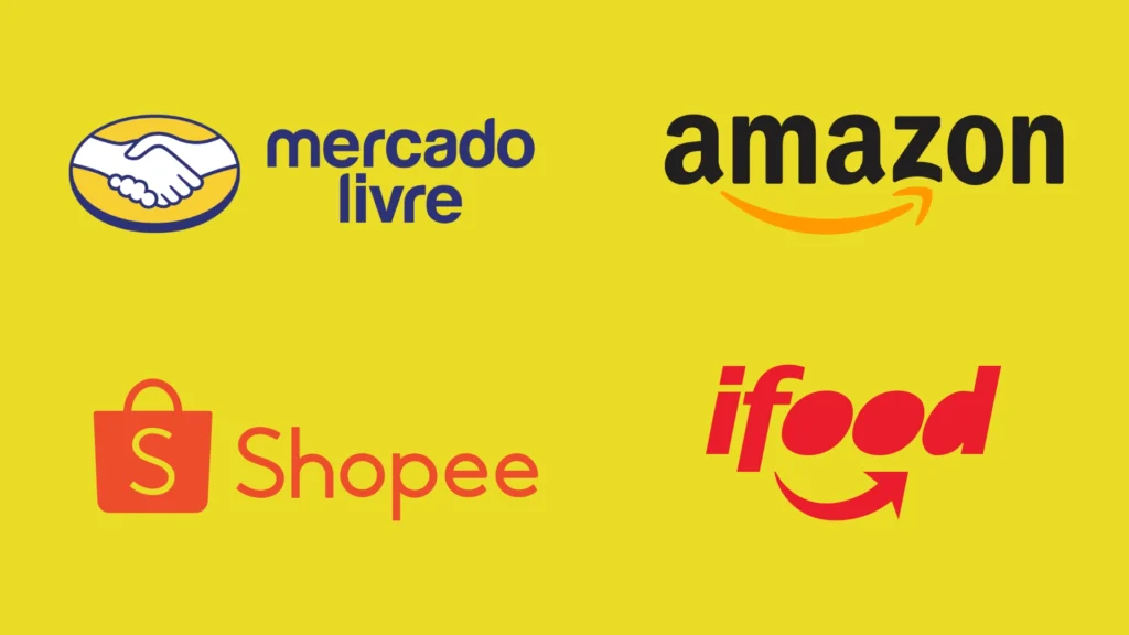 Logos de Mercado Livre, Amazon, Shopee e iFood sobre fundo amarelo