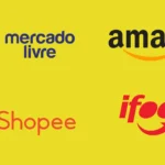 Logos de Mercado Livre, Amazon, Shopee e iFood sobre fundo amarelo