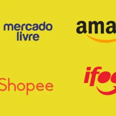 Logos de Mercado Livre, Amazon, Shopee e iFood sobre fundo amarelo