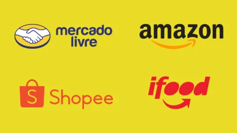 Logos de Mercado Livre, Amazon, Shopee e iFood sobre fundo amarelo