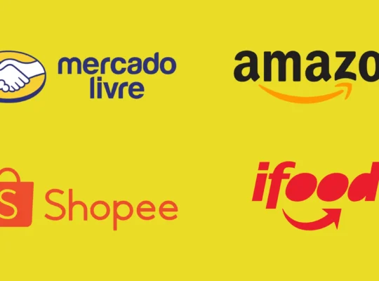 Logos de Mercado Livre, Amazon, Shopee e iFood sobre fundo amarelo
