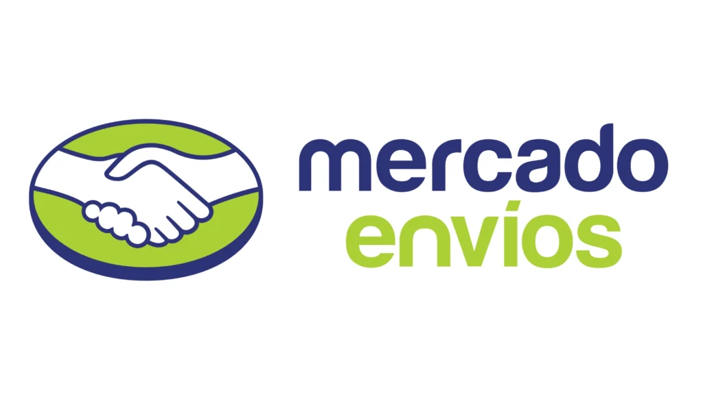Logotipo do Mercado Envios com ícone de aperto de mãos em fundo verde