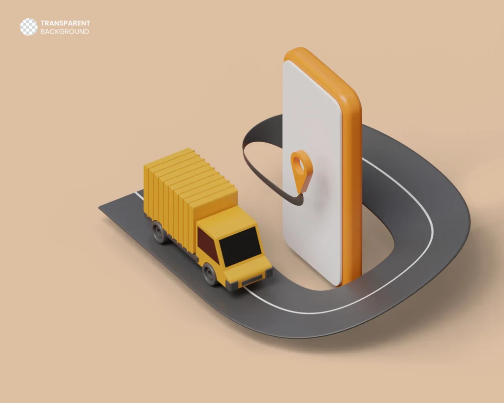 Ilustração de caminhão de entrega circulando em torno de smartphone com ícone de localização
