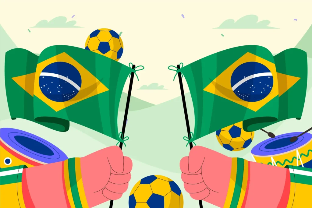 Ilustração de duas mãos segurando bandeiras do Brasil com bolas de futebol nas cores verde e amarelo ao redor
