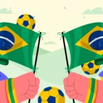 Ilustração de duas mãos segurando bandeiras do Brasil com bolas de futebol nas cores verde e amarelo ao redor
