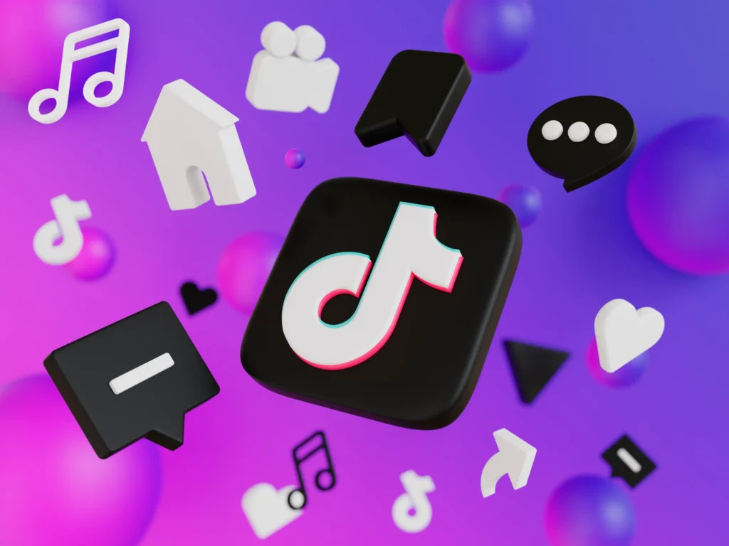 Ícone tridimensional do TikTok ao centro rodeado por símbolos de interação em fundo degradê roxo e rosa