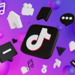 Ícone tridimensional do TikTok ao centro rodeado por símbolos de interação em fundo degradê roxo e rosa