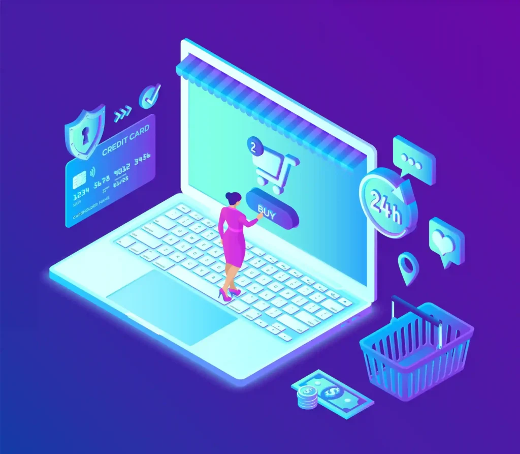 Ilustração isométrica de mulher entrando em loja virtual dentro de notebook com ícones de carrinho, cartão de crédito e cesta de compras ao redor, fundo roxo