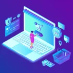 Ilustração isométrica de mulher entrando em loja virtual dentro de notebook com ícones de carrinho, cartão de crédito e cesta de compras ao redor, fundo roxo
