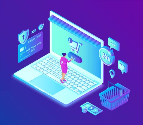 Ilustração isométrica de mulher entrando em loja virtual dentro de notebook com ícones de carrinho, cartão de crédito e cesta de compras ao redor, fundo roxo