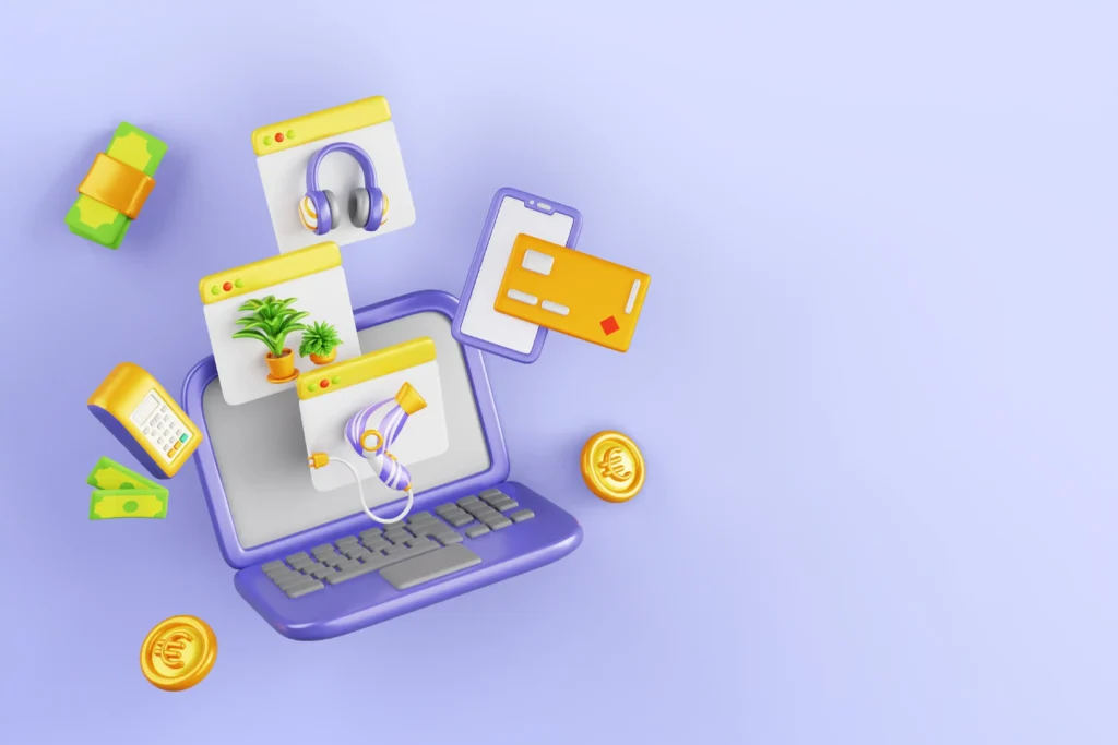 Ilustração tridimensional de notebook roxo com janelas de produtos flutuando ao redor junto a moedas, cartão de crédito e notas, fundo lilás