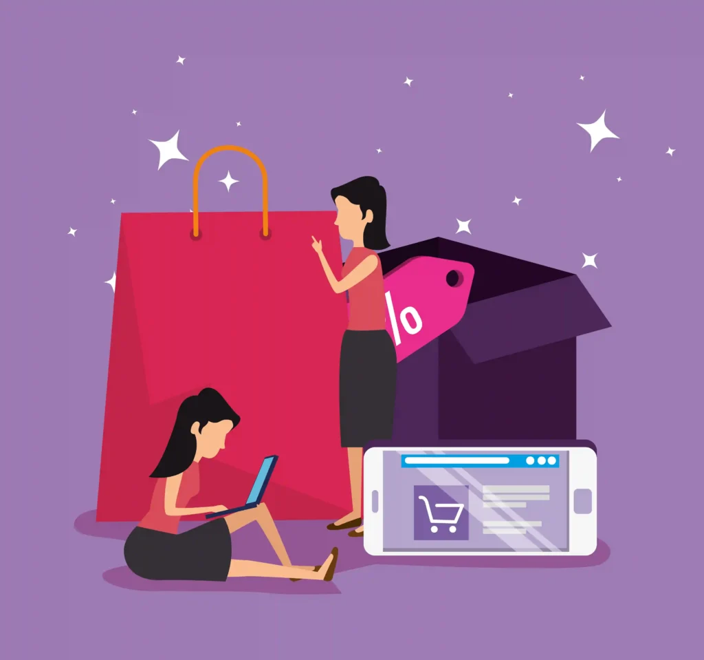 Ilustração de duas mulheres com sacola de compras vermelha, caixa aberta com etiqueta de desconto e smartphone exibindo loja virtual, fundo roxo