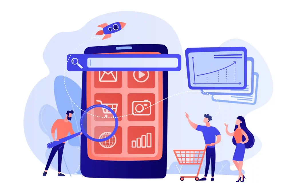 Ilustração de pessoas em miniatura ao redor de smartphone gigante com ícones de apps, lupa, carrinho de compras e gráfico de crescimento ao lado, fundo branco