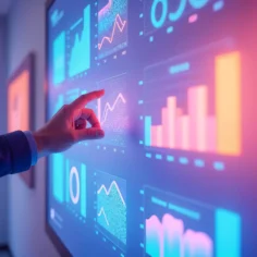 Mão apontando para painel de dados interativo com múltiplos gráficos de linhas e barras em tons de azul, rosa e laranja neon
