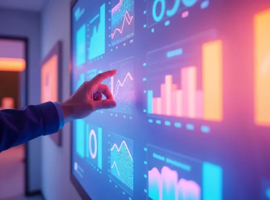 Mão apontando para painel de dados interativo com múltiplos gráficos de linhas e barras em tons de azul, rosa e laranja neon