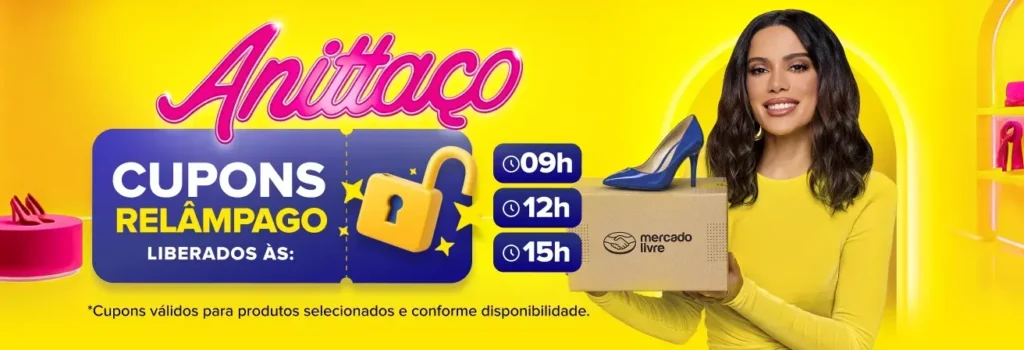 Banner da campanha Anittaço Mercado Livre com cupons relâmpago liberados às 9h, 12h e 15h, celebridade segurando caixa da plataforma, fundo amarelo