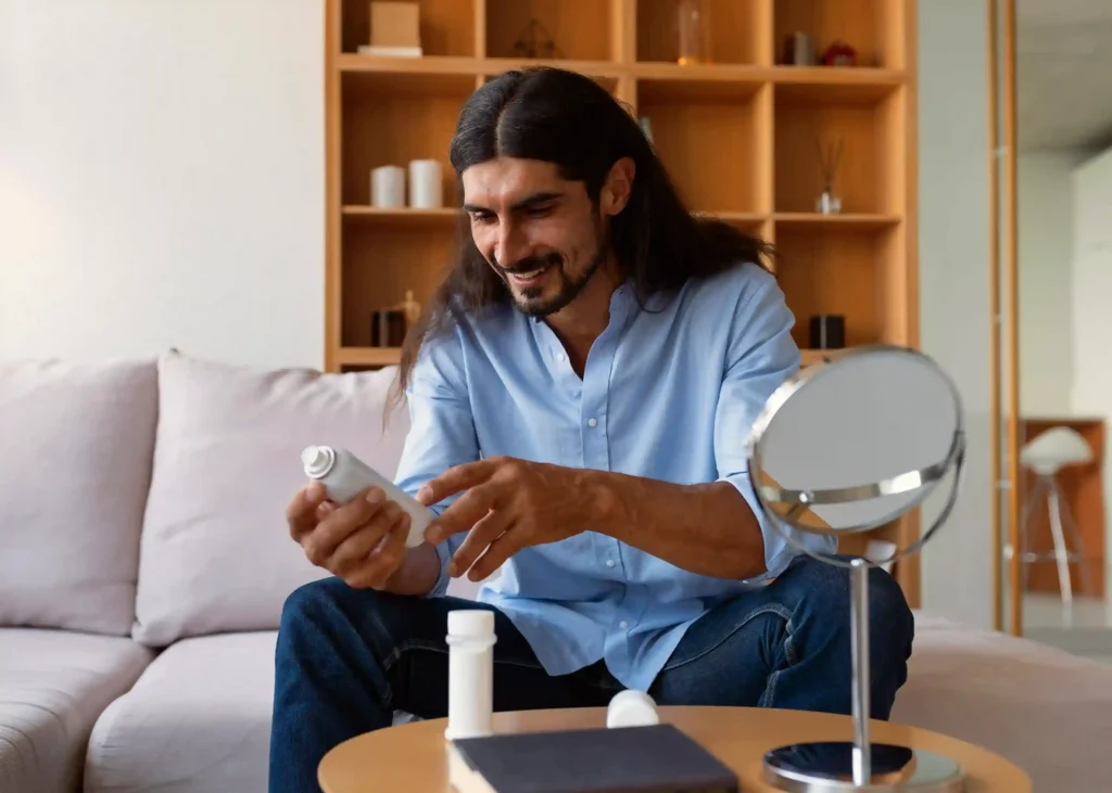 Homem sorrindo enquanto avalia produto de skincare masculino em frente ao espelho na sala de casa