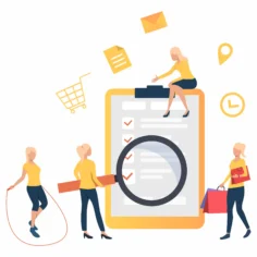 Ilustração de pessoas em tamanho miniatura ao redor de prancheta gigante com lista de verificação e lupa, ícones de carrinho, e-mail e localização ao redor, fundo branco