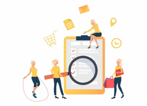 Ilustração de pessoas em tamanho miniatura ao redor de prancheta gigante com lista de verificação e lupa, ícones de carrinho, e-mail e localização ao redor, fundo branco