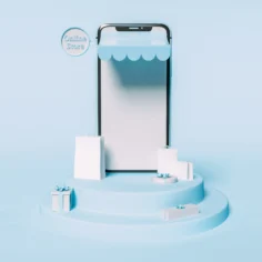 Celular estilizado como loja virtual com sacolas e caixas de presente, representando como anunciar no Mercado Livre
