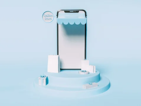 Celular estilizado como loja virtual com sacolas e caixas de presente, representando como anunciar no Mercado Livre