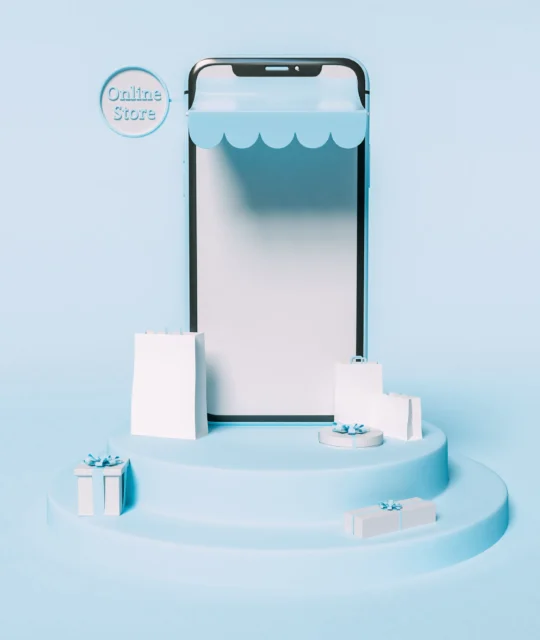 Celular estilizado como loja virtual com sacolas e caixas de presente, representando como anunciar no Mercado Livre