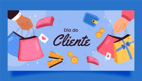 Ilustração de mãos segurando sacolas de compra, dinheiro e carteira com a frase "Dia do Cliente", representando o Dia do Cliente 2026