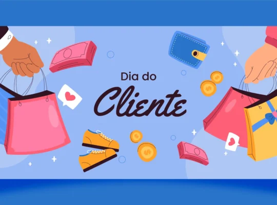 Ilustração de mãos segurando sacolas de compra, dinheiro e carteira com a frase "Dia do Cliente", representando o Dia do Cliente 2026