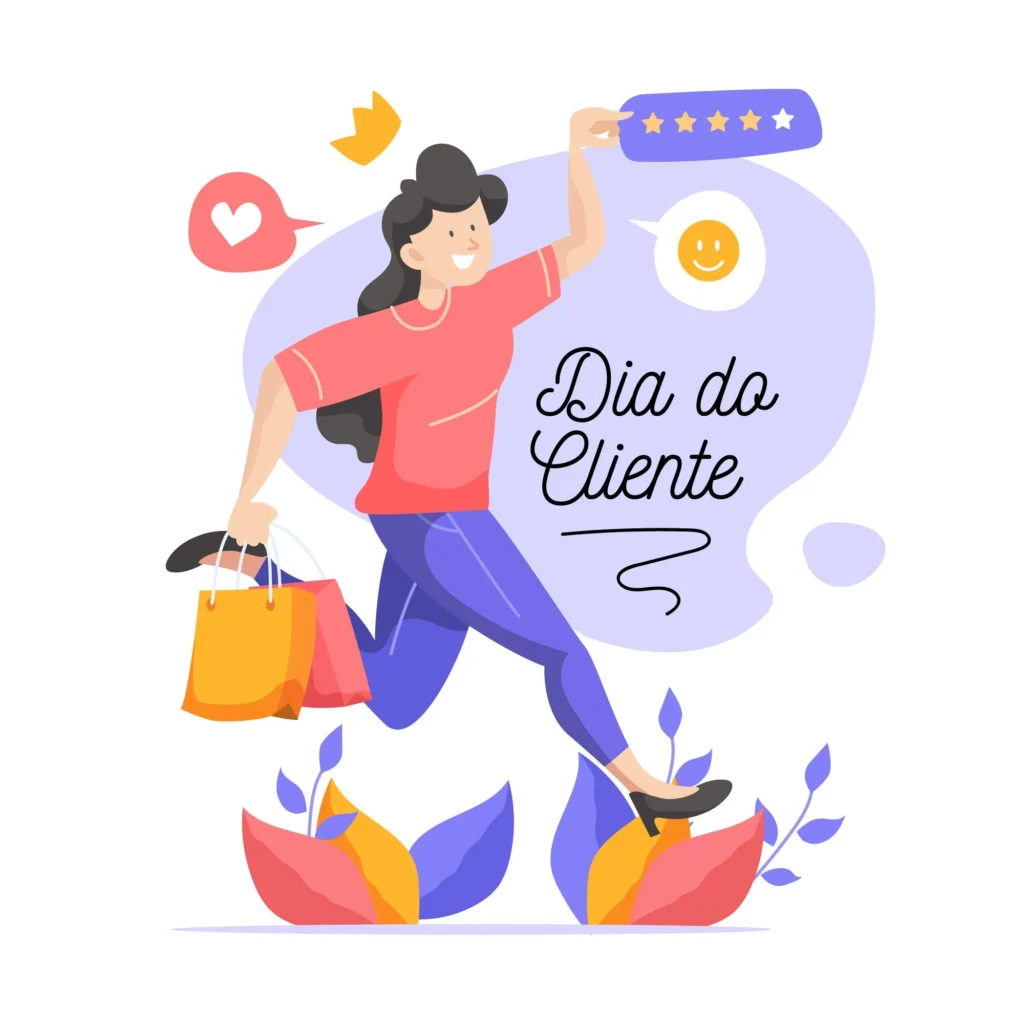 Ilustração de mulher sorridente carregando sacolas de compra e avaliação cinco estrelas, remetendo ao Dia do Cliente 2026