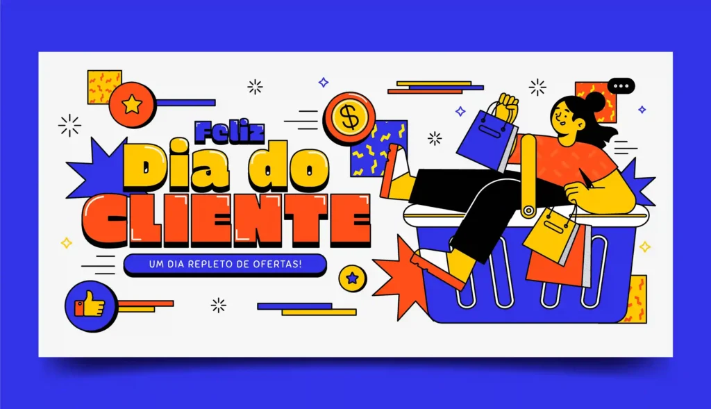 Ilustração colorida com a frase "Feliz Dia do Cliente" e mulher segurando sacolas de compra, remetendo ao Dia do Cliente Mercado Livre