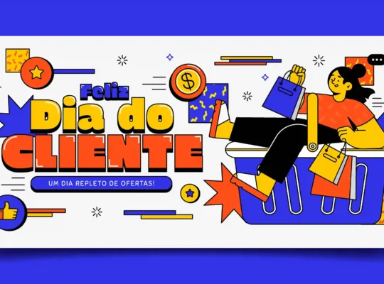 Ilustração colorida com a frase "Feliz Dia do Cliente" e mulher segurando sacolas de compra, remetendo ao Dia do Cliente Mercado Livre