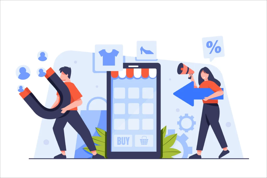 Ilustração de homem atraindo clientes com ímã e mulher anunciando promoções com megafone perto de loja virtual, representando a concorrência no Dia do Cliente Mercado Livre