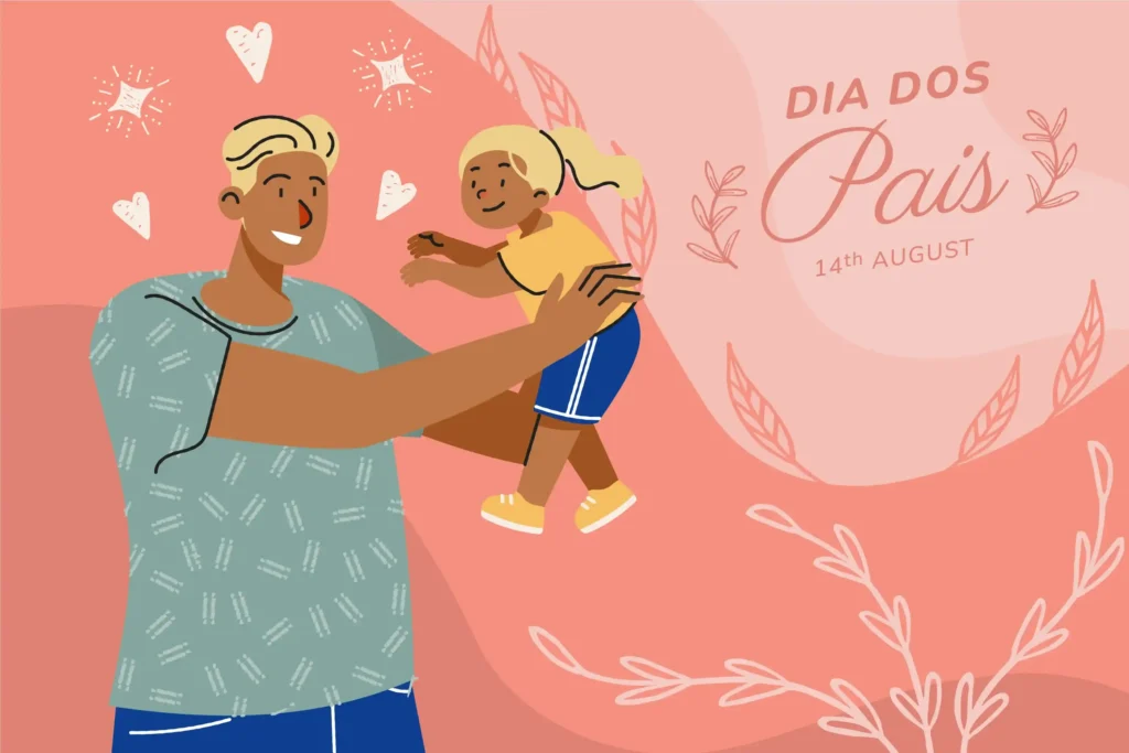 Ilustração de pai sorrindo erguendo criança nos braços com corações e texto "Dia dos Pais 14th August", fundo salmão
