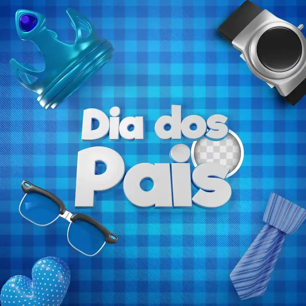 Ilustração tridimensional com texto "Dia dos Pais" ao centro rodeado por coroa, relógio, óculos, gravata e balão de coração em tons de azul sobre fundo xadrez