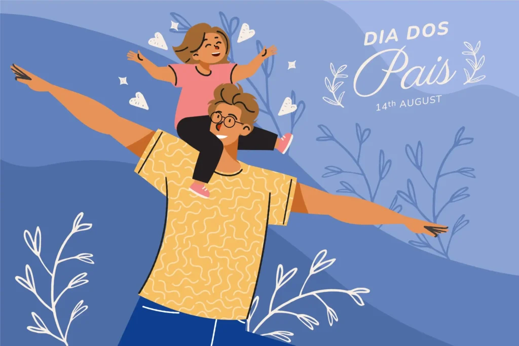 Ilustração de pai com óculos carregando criança nos ombros com os braços abertos, texto "Dia dos Pais 14th August" e folhas decorativas, fundo azul