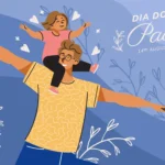 Ilustração de pai com óculos carregando criança nos ombros com os braços abertos, texto "Dia dos Pais 14th August" e folhas decorativas, fundo azul