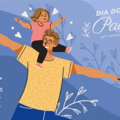 Ilustração de pai com óculos carregando criança nos ombros com os braços abertos, texto "Dia dos Pais 14th August" e folhas decorativas, fundo azul