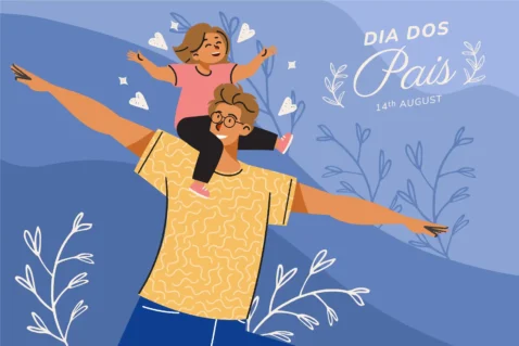Ilustração de pai com óculos carregando criança nos ombros com os braços abertos, texto "Dia dos Pais 14th August" e folhas decorativas, fundo azul