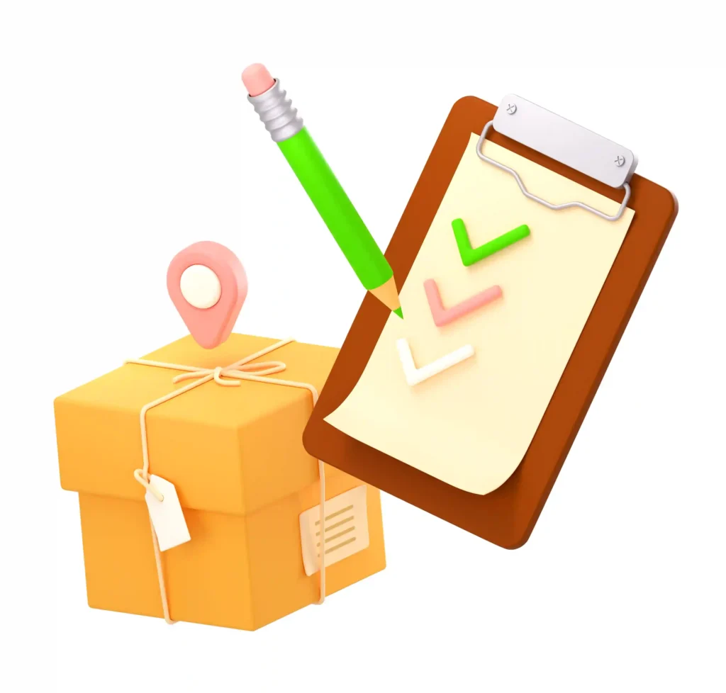 Ilustração tridimensional de caixa de encomenda amarela com pin de localização, prancheta com checklist e lápis verde, fundo branco