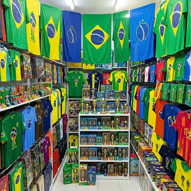 Loja física com prateleiras repletas de camisas coloridas, bandeiras do Brasil e miniaturas de troféus de futebol