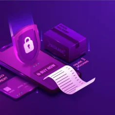 Ilustração isométrica de celular com cadeado, pacote e cartão de crédito representando segurança de dados no LGPD marketplace