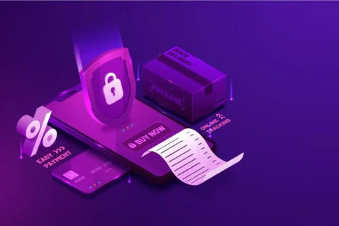Ilustração isométrica de celular com cadeado, pacote e cartão de crédito representando segurança de dados no LGPD marketplace